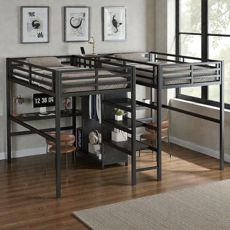 Twin Over Twin Metal Loft Bed with Double Desk, Wardrobe, Shelves and Power Outlets, Space-Saving Design - Black - Twin