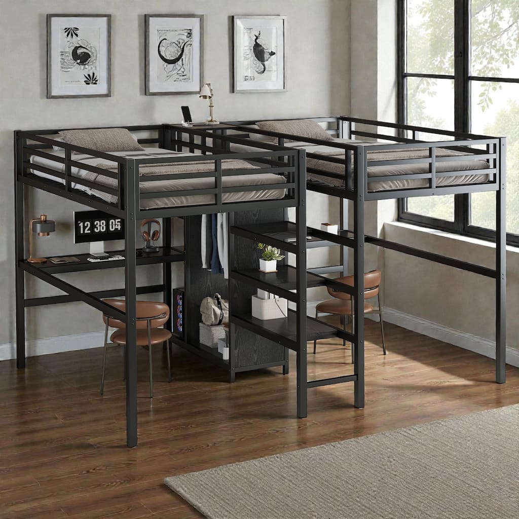 Twin Over Twin Metal Loft Bed with Double Desk, Wardrobe, Shelves and Power Outlets, Space-Saving Design