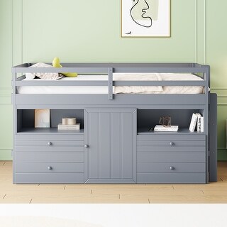 Grey Twin Wood Loft Bed wDrawers, Underneath Cabinet, Shelves, Ladder
