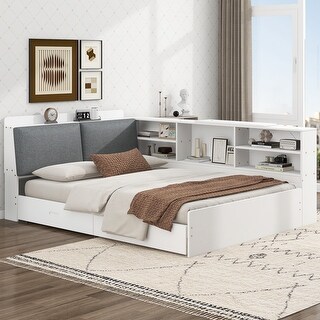 White L-Shaped Platform Bed with Storage Headboard with Left Shelf and 2 Drawer