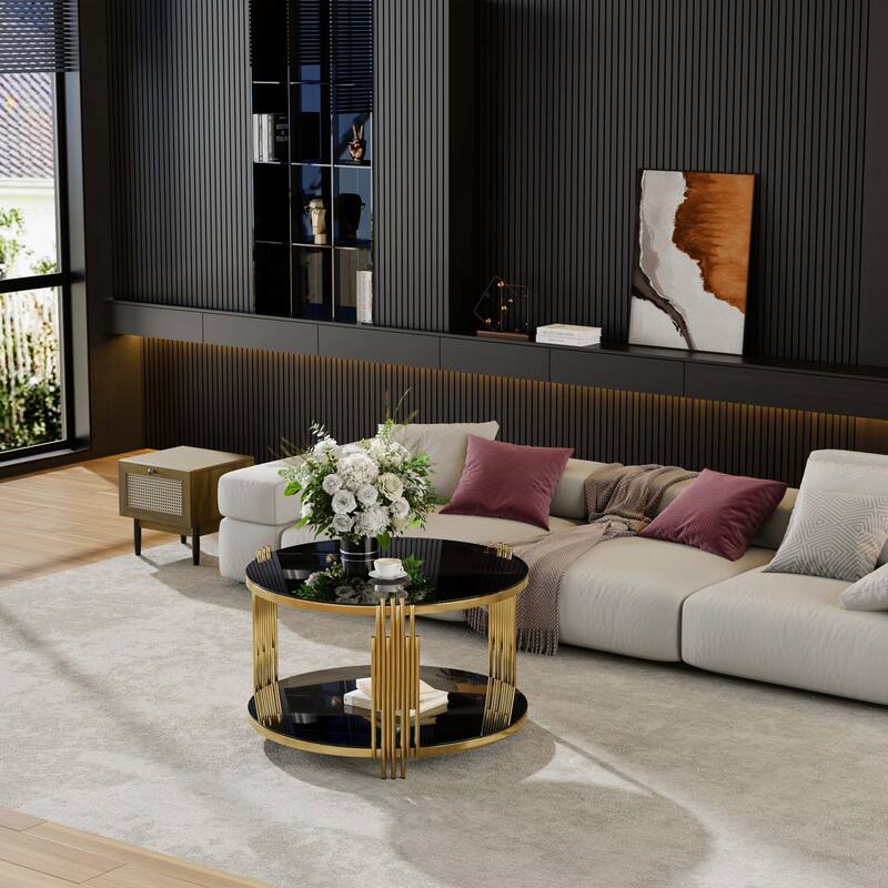 Modern Mirror Coffee Table, Asymmetrical Metal, Circular Metal Drum Base, Gold Finish & Lower Shelf