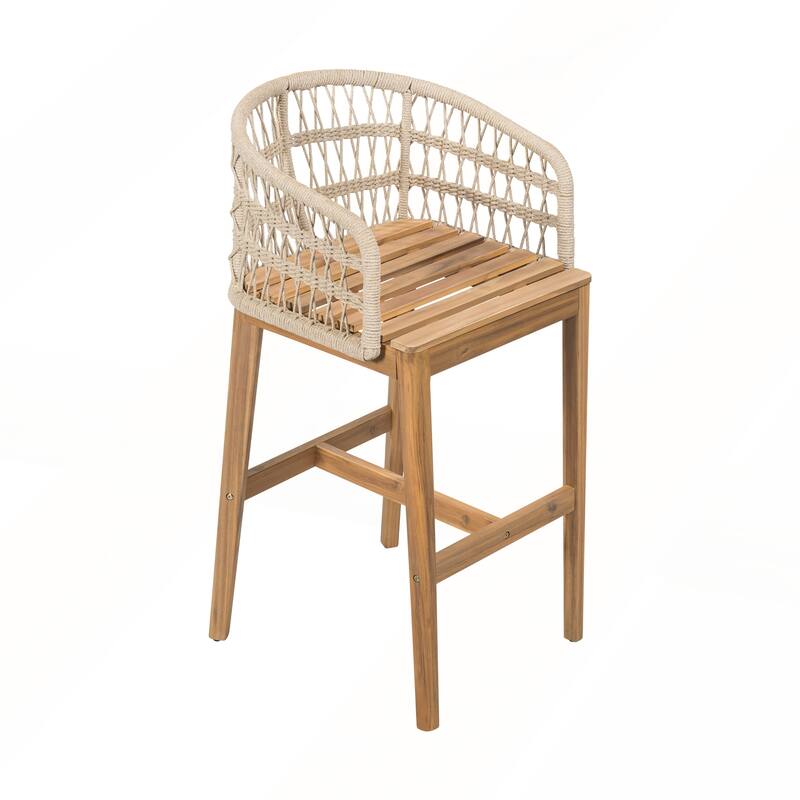 Outdoor Wood and Rope Barstool with Beige Cushion Set of 2