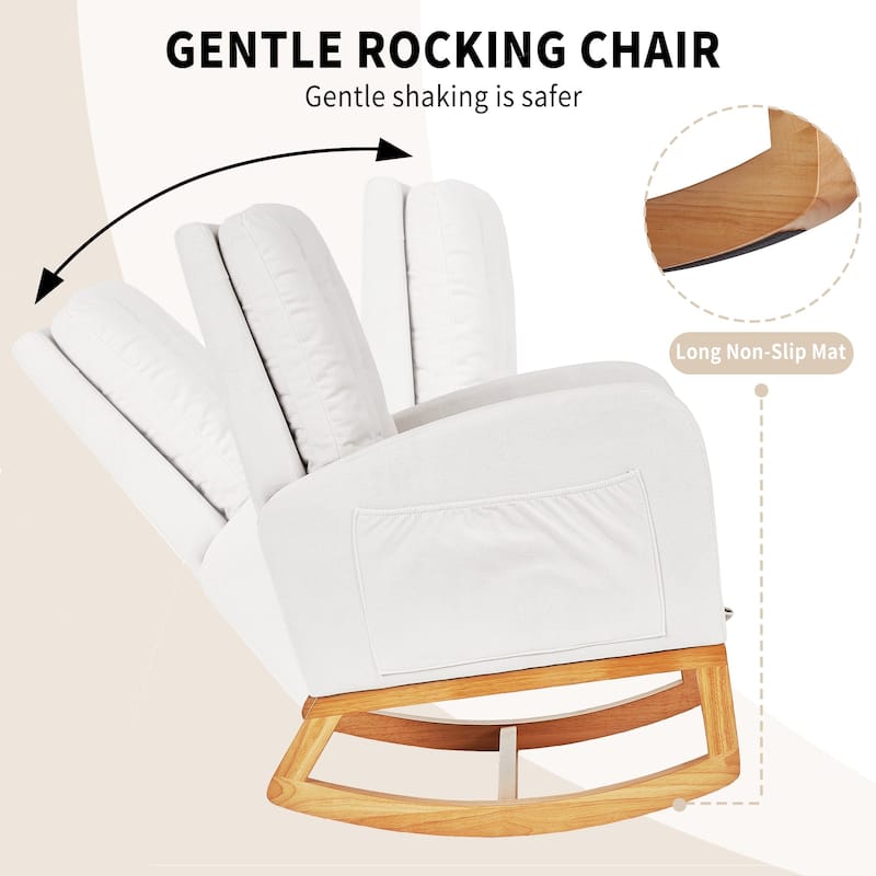 Javlergo Small Space Rocking Chair with Pull-Out Pedals Solid Wood Legs Glider Chair for Nursery with Two Side Storage Pockets