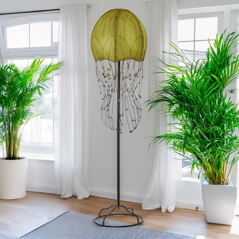 Handmade Jellyfish Large Floor Lamp, Cocoa Leaves Shade, 15 x 15 x 64 in.