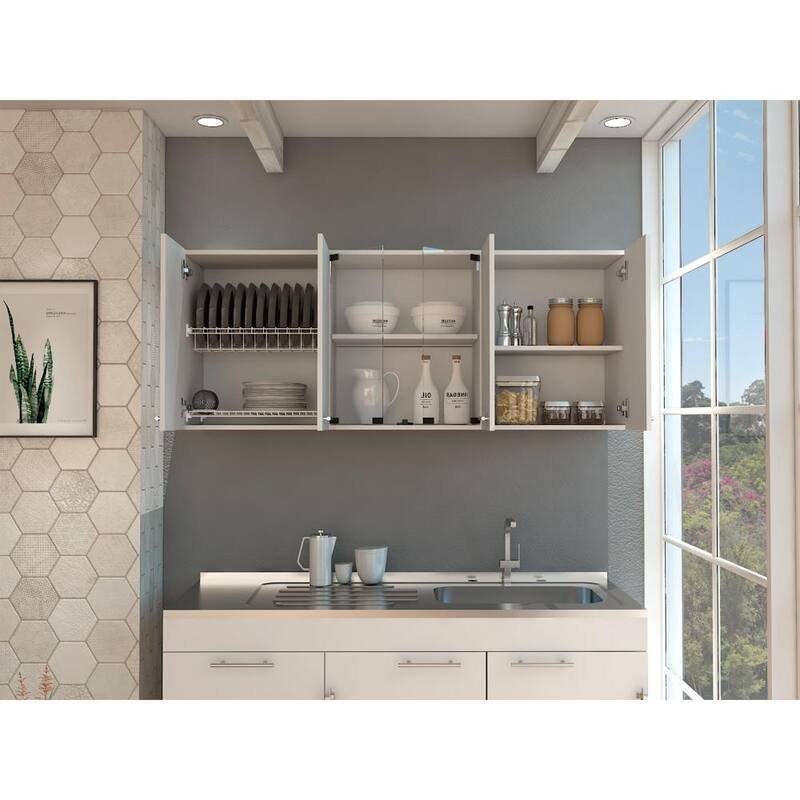 TUHOME Superior 150 Wall Cabinet with Glass Doors, 2 Double Cabinets, 4 Inner Shelves, Dish Rack and Cup Rack - N/A