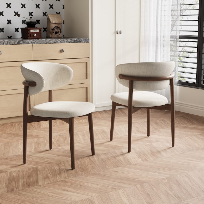 Mid-Century Dining Chair, Solid Wood Legs, Kitchen Chairs with Beige Cotton & Linen Fabric, Fully Assembled