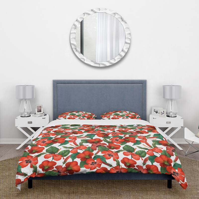 Designart 'Tropical Red Hibiscus Flowers With Green Leafs On White ...