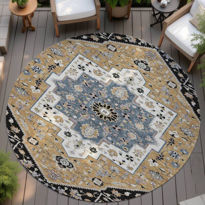 Machine Washable Indoor/ Outdoor Traditional Kolkata Chantille Rug - Black - 8' x 8'