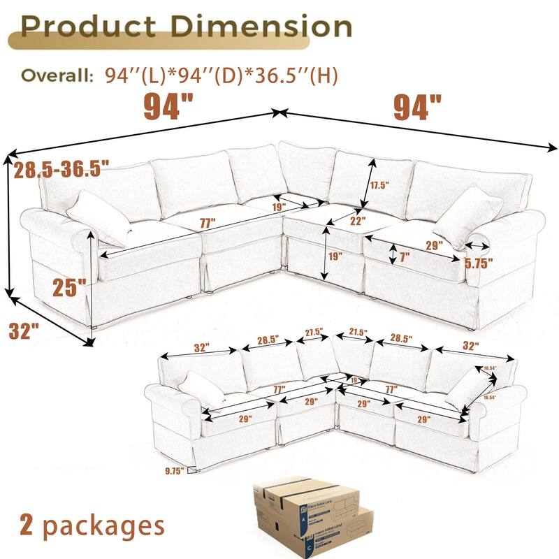 Modular Sectional Sofa, Convertible L-Shaped Upholstered Couch with Rolled Arms, Classic Reversible Corner Sofa for Living Room