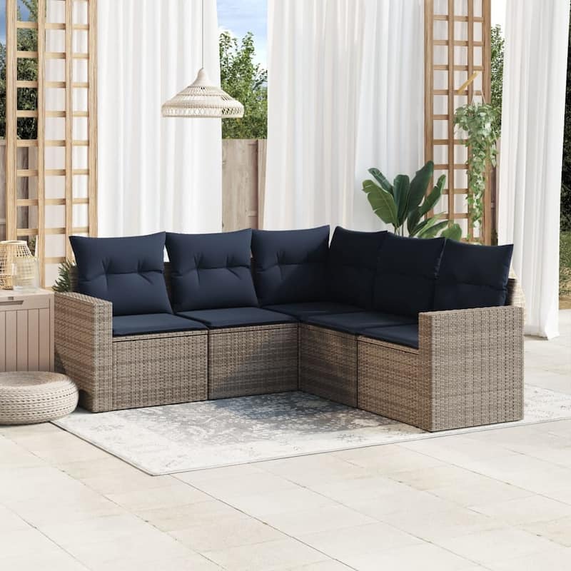 vidaXL Patio Sofa Set with Cushions Outdoor Conversation Furniture Poly Rattan - 25.8" x 24.4" x 27.2" - Beige and gray without table