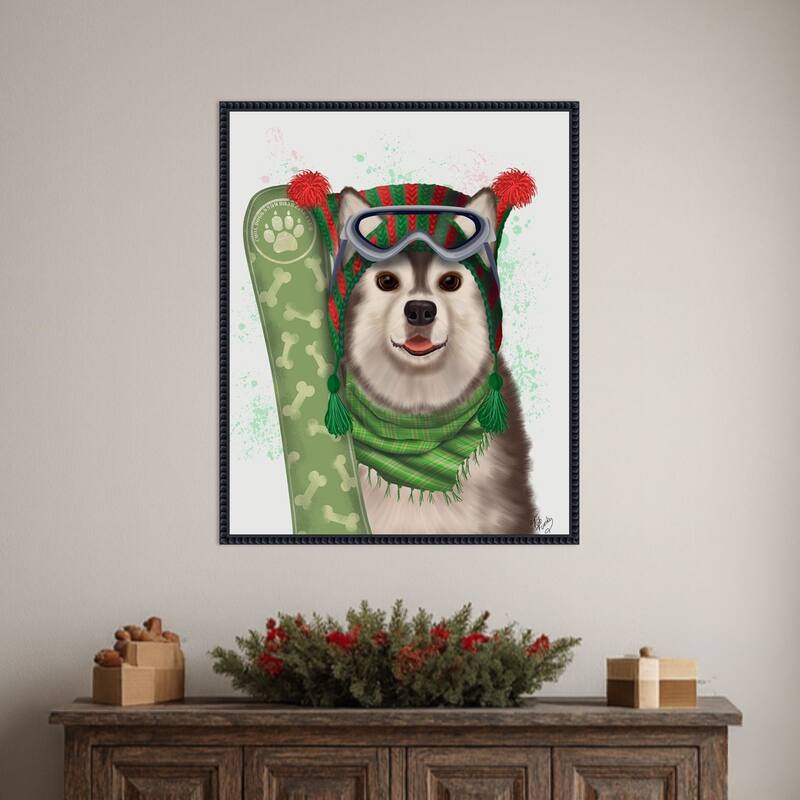 Christmas Husky Snowboard by Fab Funky (23 x 28 in.), Framed Canvas Wall Art Print - Sylvie Beaded Black