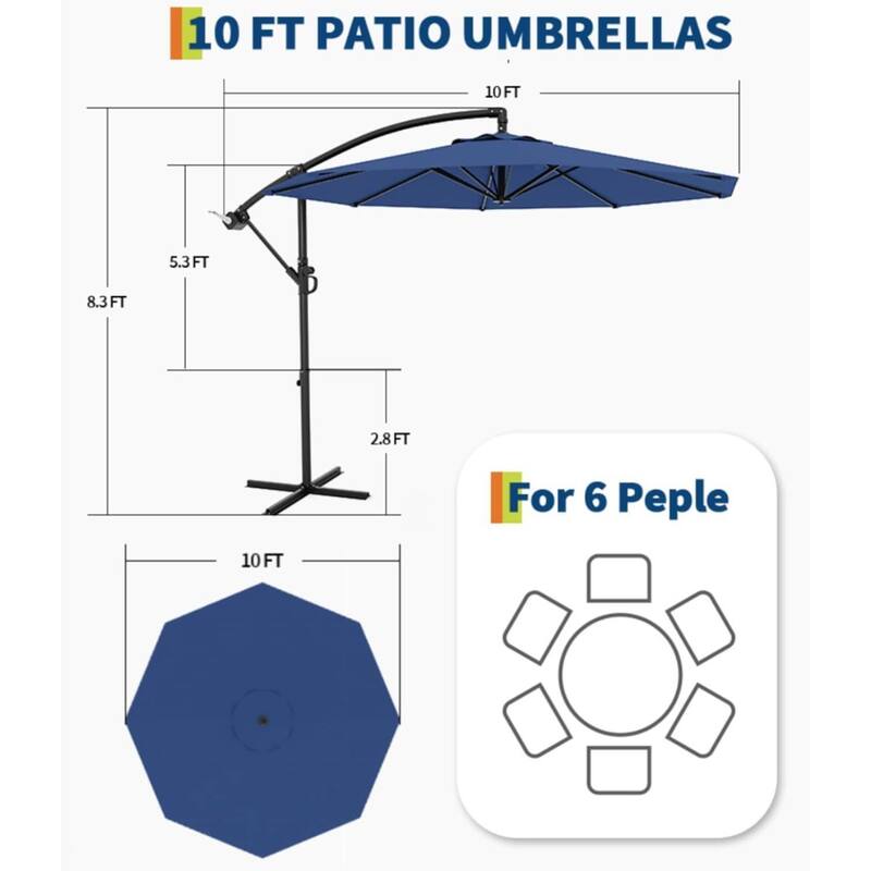 10FT Patio Outdoor Offset Umbrella with Lights for Deck Poolside Lawn Backyard