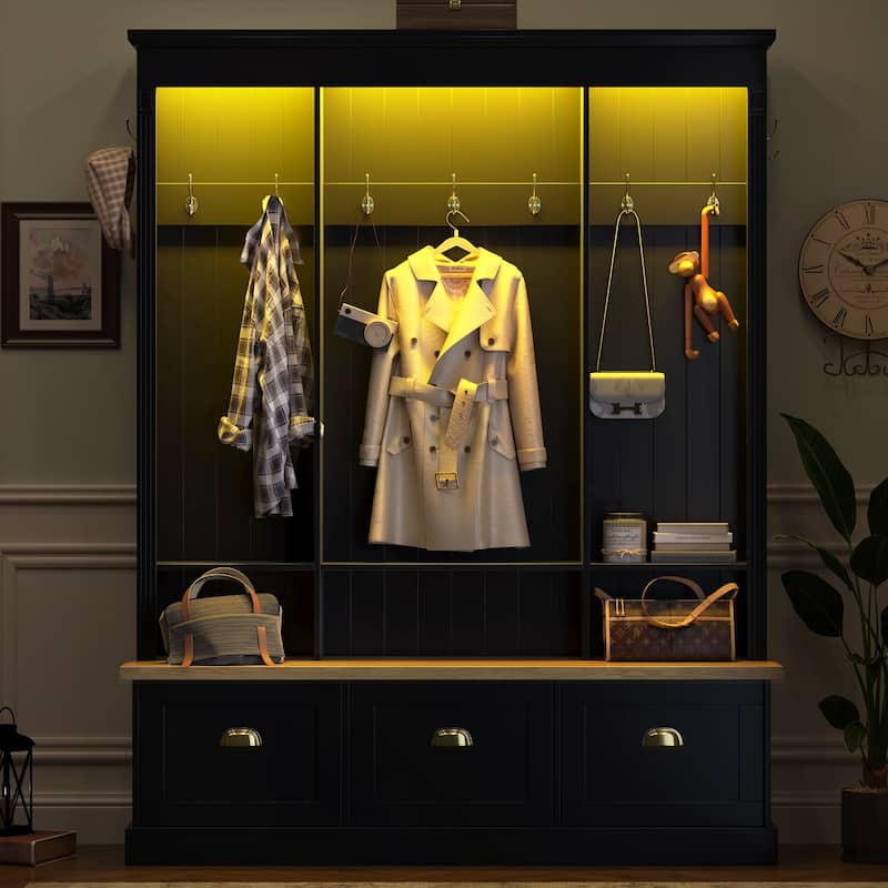 Large LED Hall Tree with 9 Hooks, Roman Column Design Storage Bench with 3 Cabinets, Farmhouse Entryway Organizer with Shelves