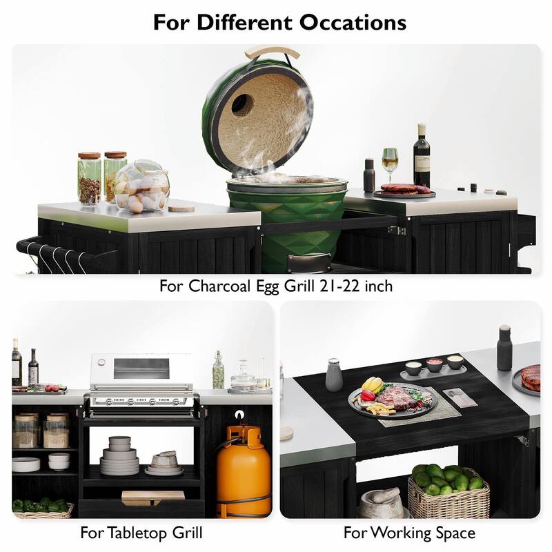 66.5" Outdoor Kitchen Island for Big Green Egg Grills, Solid Wood Grill Cart with Stainless Steel Top