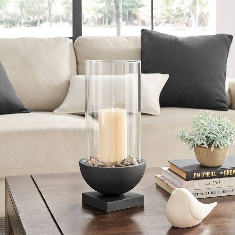 Large Pillar Candle Holders with Pebble and Pedestal Base - 15.25" - Black