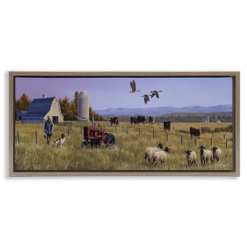 Stupell Geese Over Lush Farm Scene Framed Floater Canvas Wall Art Design By Frank Parker (Young) - 31 x 14 - Brown