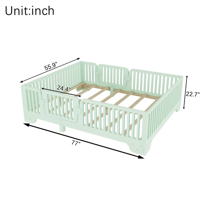 Montessori Floor Bed with Detachable Door, No Box Spring Needed, Kids Platform Bed with Slats and Fence