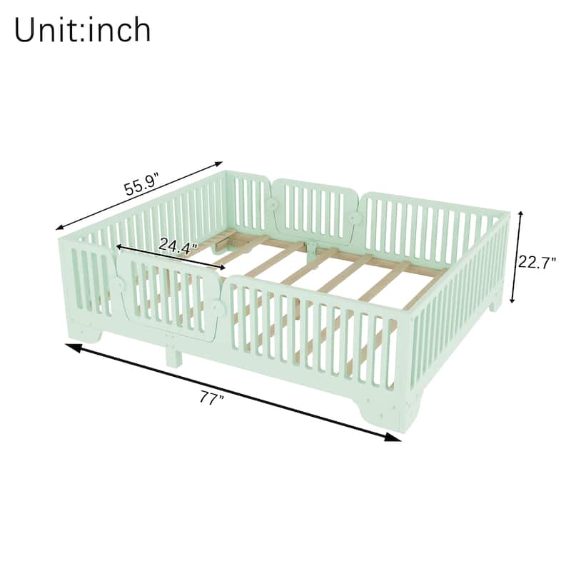 Montessori Floor Bed with Fence and Door, Kids Floor Bed Frame with Slats, No Box Spring Needed