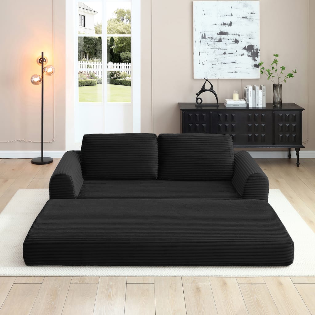 Black Minimalist Sofa Bed Sleeper Sofa Couch with 2 Pillows, 3-Seater Sofa Couch with Armrests for Living Room