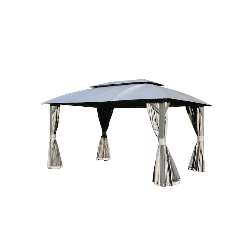 GDFStudio - Outdoor Gazebo with Mosquito Netting, Metal Frame Double Roof Soft Top Canopy Tent for Backyard, Garden, Patio - 10x14FT - Gray
