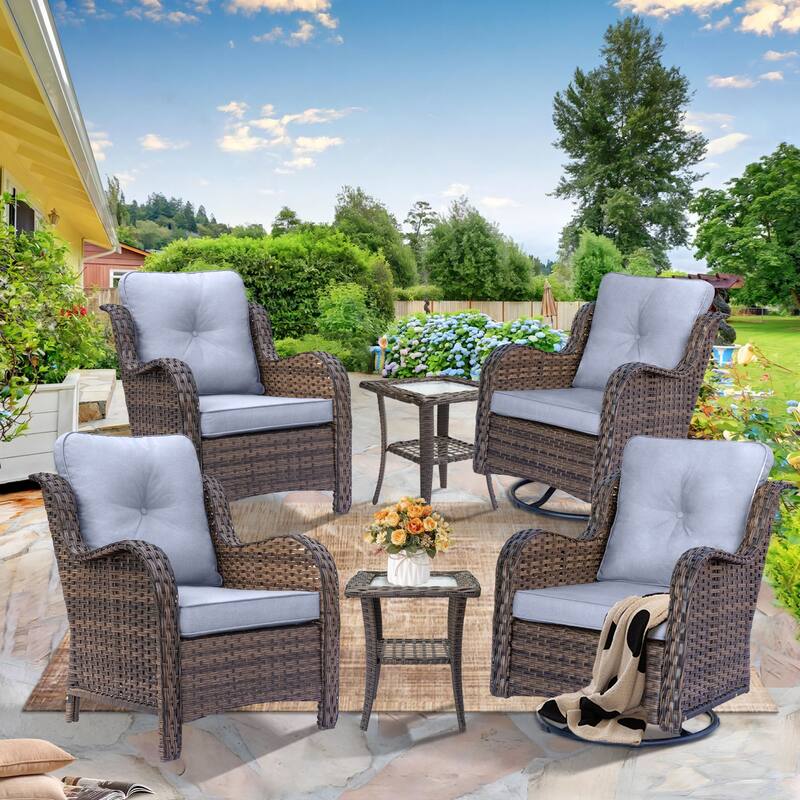 6-piece Outdoor Patio Wicker Swivel Rocker Chairs Set with Side Table
