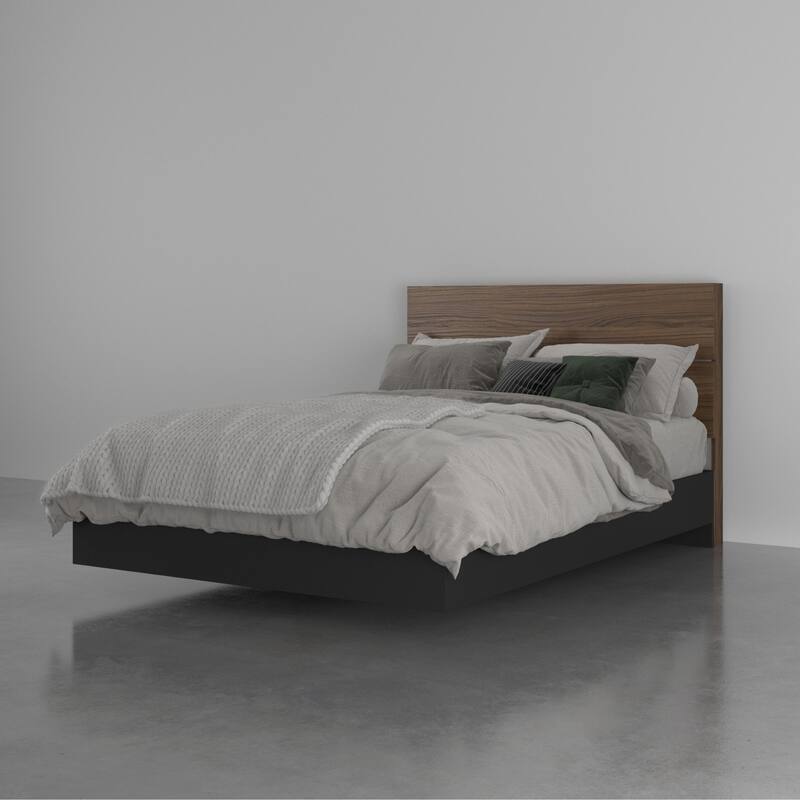 Nexera Platform Bed with Headboard, Walnut and Black