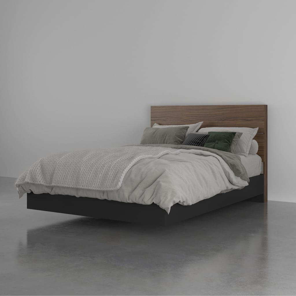 Nexera Platform Bed with Headboard, Walnut and Black