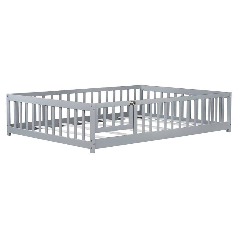 Full Size Floor Bed with Fence and Door,Rubber Wood Floor Bed with Safety Guardrails