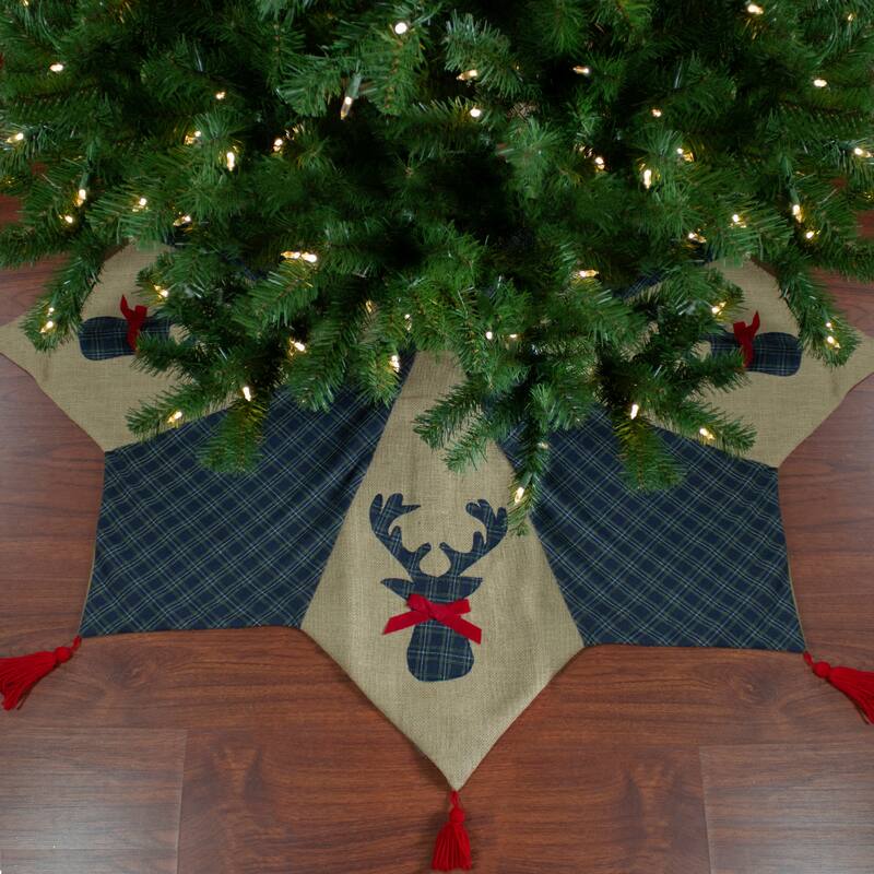 48" Blue Brown Burlap Plaid Reindeer Christmas Tree Skirt with Tassels