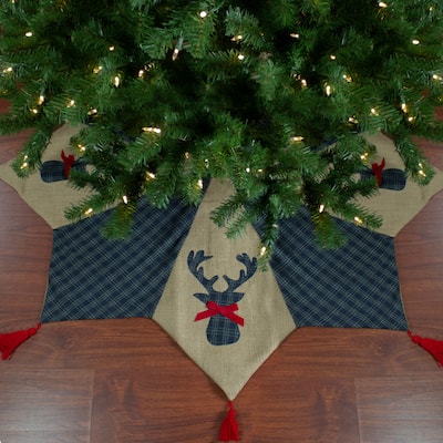 48" Blue and Brown Burlap and Plaid Reindeer Christmas Tree Skirt with Tassels - 48
