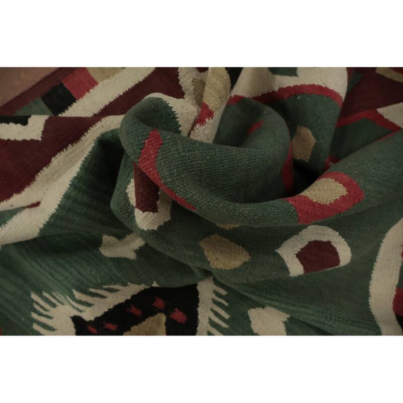 Hand Woven Oriental 100% Wool Carpet Southwestern Tribal Green Kilim Area Rug - 11' 8'' X 4' 11''