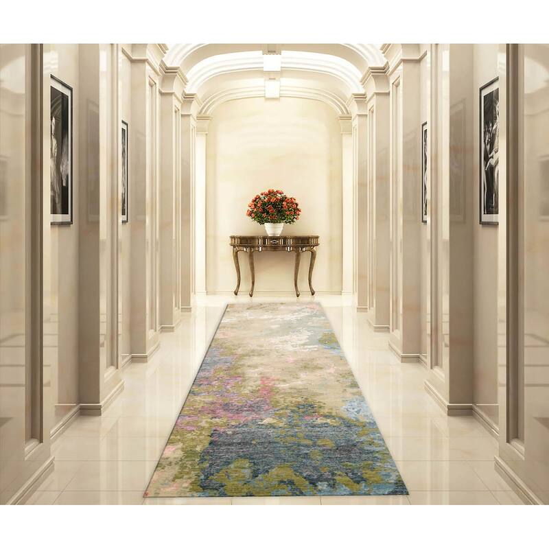 Hand Knotted Beige Sherpa Wool & Silk Modern Oriental Area Rug - 2' 5'' x 12'