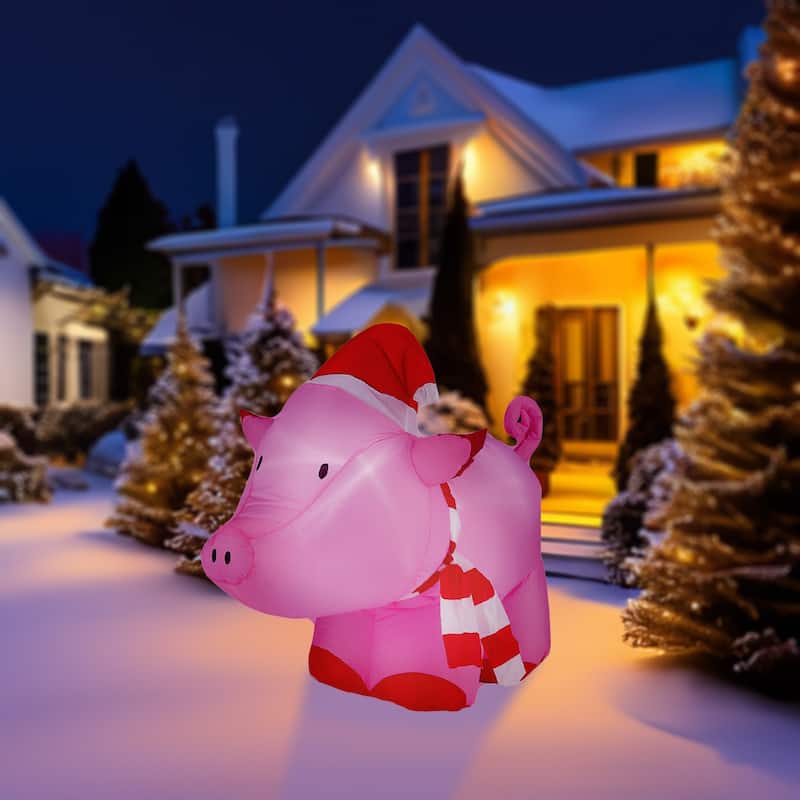 Inflatable Pink Pig with Santa Hat Decor and LED LIghts