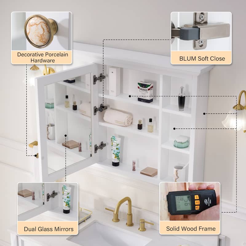 40"W X30"H Surface Mount Solid Wood Framed Medicine Cabinet With Mirror And Wooden Shelves