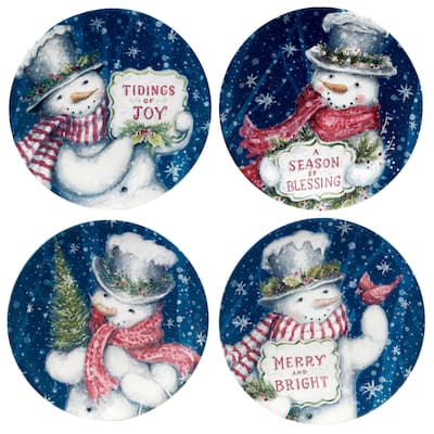 Certified International Snowman Greetings 9" Salad/Dessert Plates, Set of 4 Assorted Designs - 9" Diameter x 1"