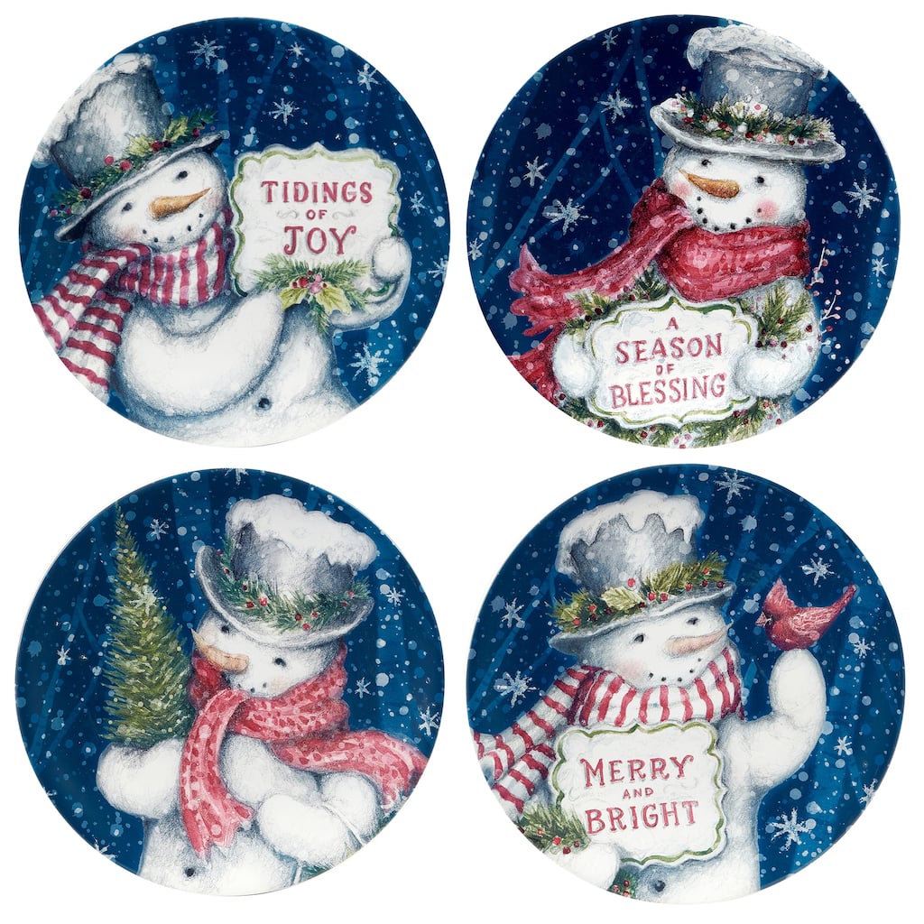 Certified International Snowman Greetings 9" Salad/Dessert Plates, Set of 4 Assorted Designs - 9" Diameter x 1"