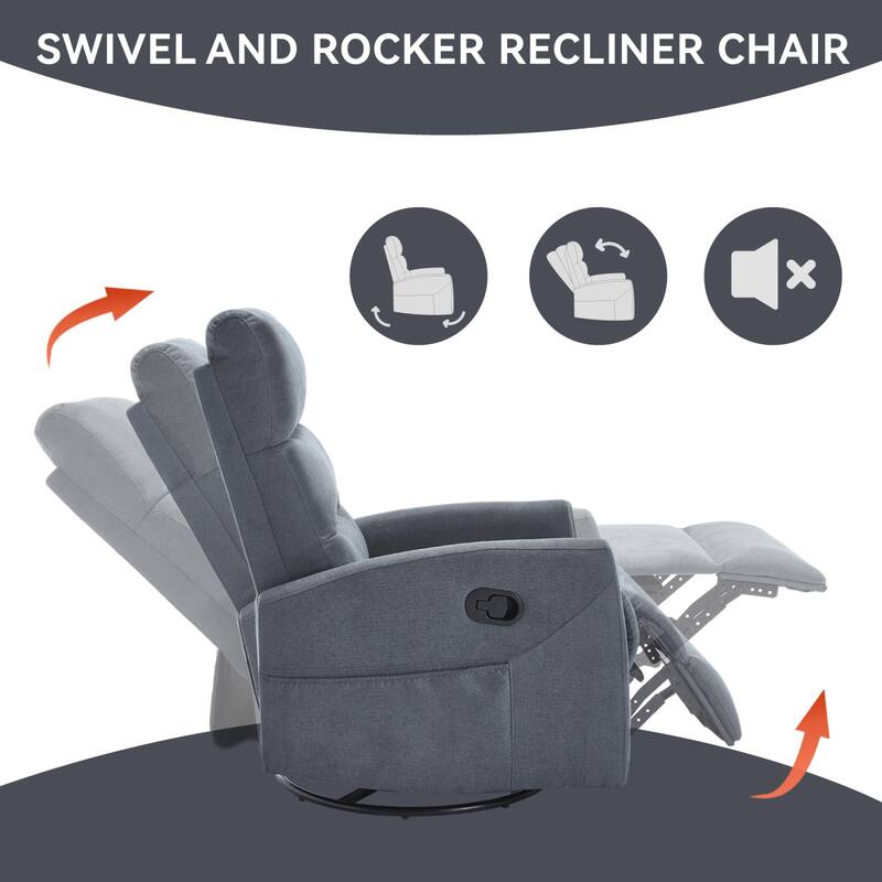 Roomfitters Swivel Rocker Recliner Chair Manual 360 Degree Glider Lounge Sofa Padded Fabric Armchair for Living Room