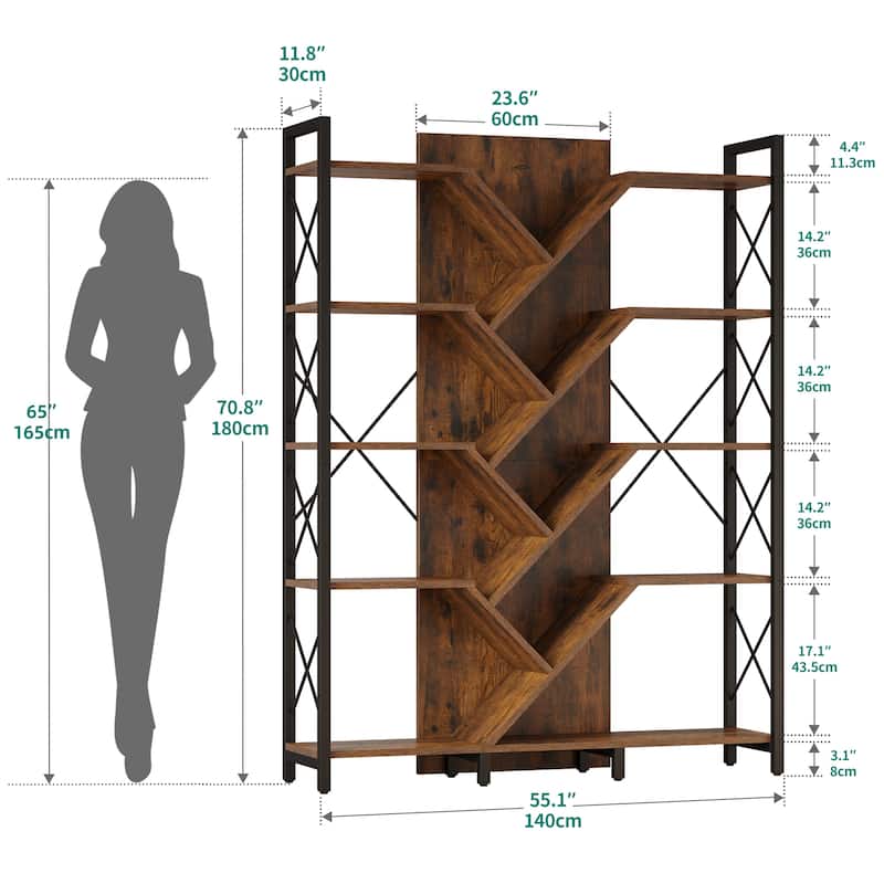 Moasis Wood 5-Tier Large Tree Bookshelf Industrial Open Etagere Bookcase