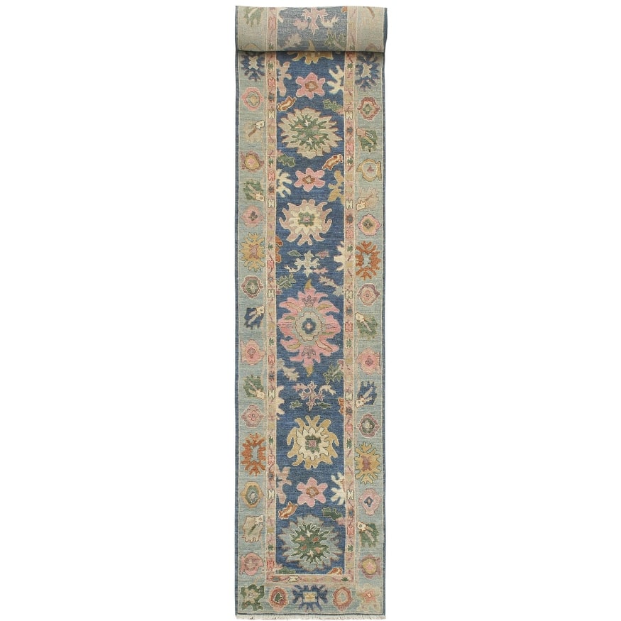 Oushak Gardiner Blue Beige Hand-Knotted Wool Runner - 2'8'' x 18'11''