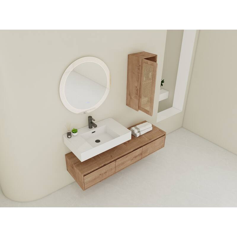 60 inch Wall-Mounted Bathroom Vanity with Resin Sink and Side Cabinet,3-Soft Close Drawer,Float Mounting Design