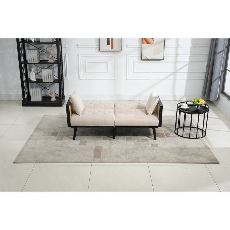Velvet Loveseat Sofa Convertible Futon Sofa Bed Sleeper Twin Size with Rattan Arms Bed Bath
