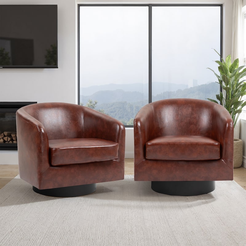 2 Set Modern Wide Round Swivel Accent Barrel Chairs - Faux Leather - P-Red Brown-Set of 2