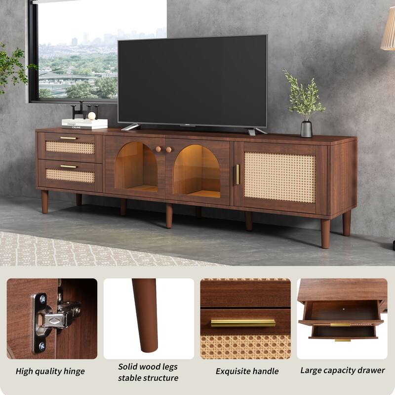 Modern Rattan TV Stand LED TV Stand, for TVs Up to 80'' with 3 Cabinets and 2 Drawers, for Living Rooms, Bedroom