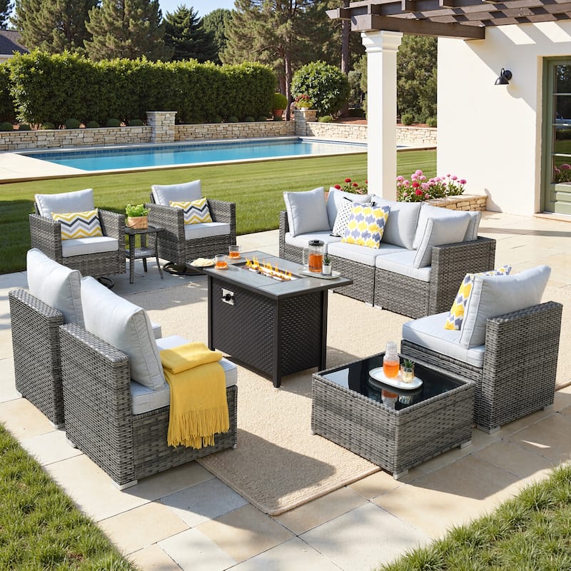 XIZZI 11-Piece Outdoor Patio Furniture Swivel Chairs Set with Fire Table - Grey