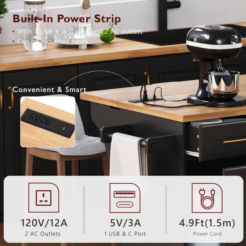 59" Rolling Kitchen Island on Wheels with Trash Can Storage Cabinet, Island Table for Kitchen with Power Outlet, Storage Rack