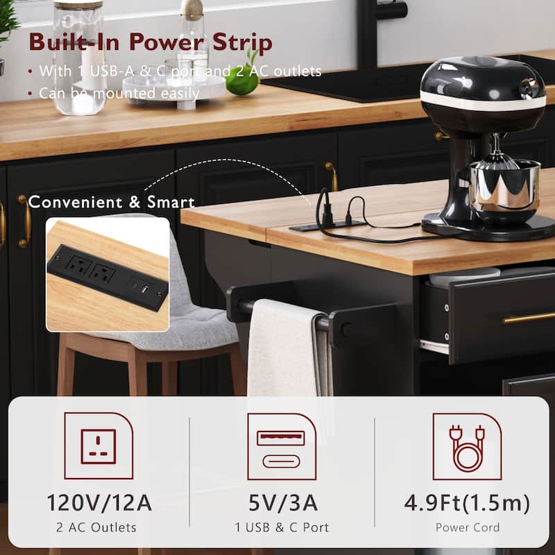 Rolling Kitchen Island Cart with 2 Pull Out Cabinet Organizers, Drop Leaf, Trash Can Storage, Power Outlet, Spice, Towel Rack