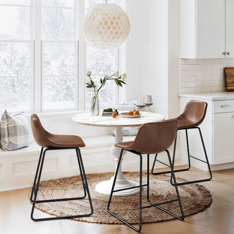 Modern 24.in Counter Height Bar Stool with PU Leather and Metal Frame Barstools for Kitchen Island - Brown - Set of 3
