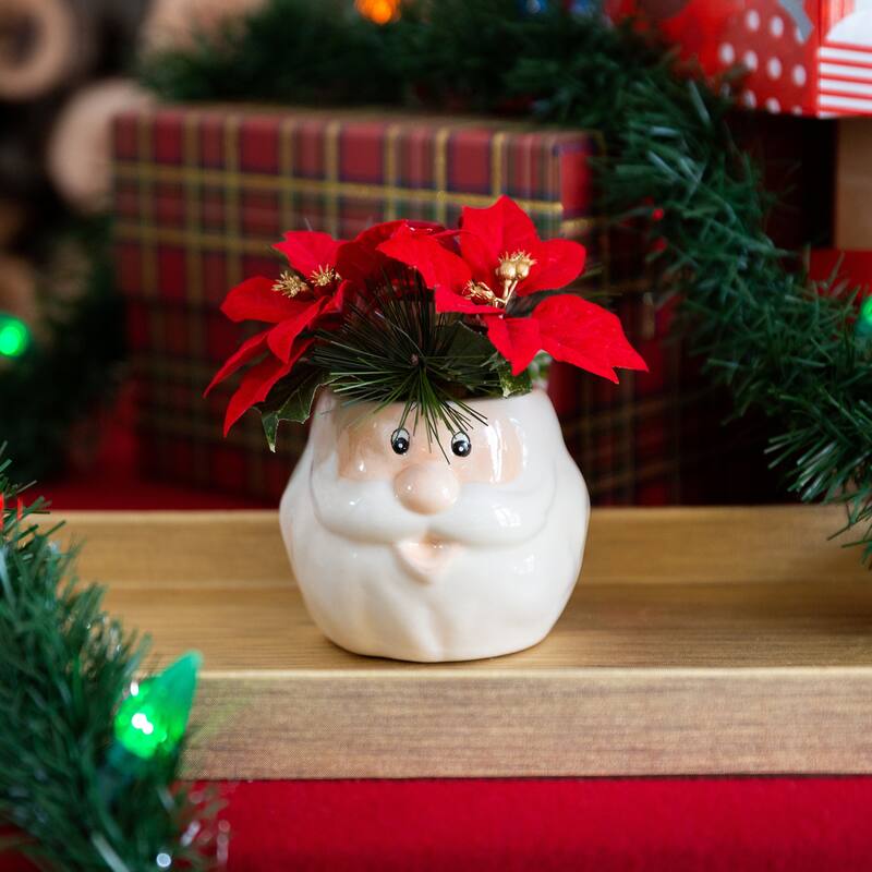 6" Poinsettias in Ceramic Santa Pot