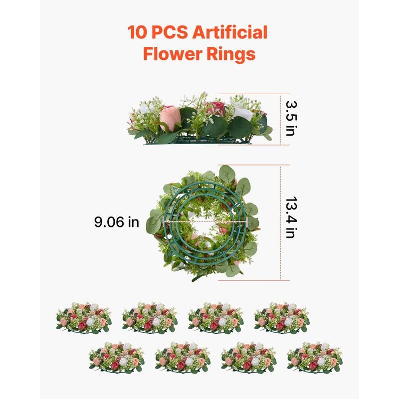 Pink White Silk Rose Wreath Centerpieces Set of 10 with Base - 13.4 x 13.4 x 3.5 inch