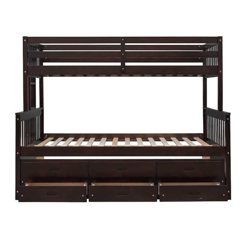 Twin-Over-Full Bunk Bed with Trundle and 3 Drawers, Playhouse-Inspired Design